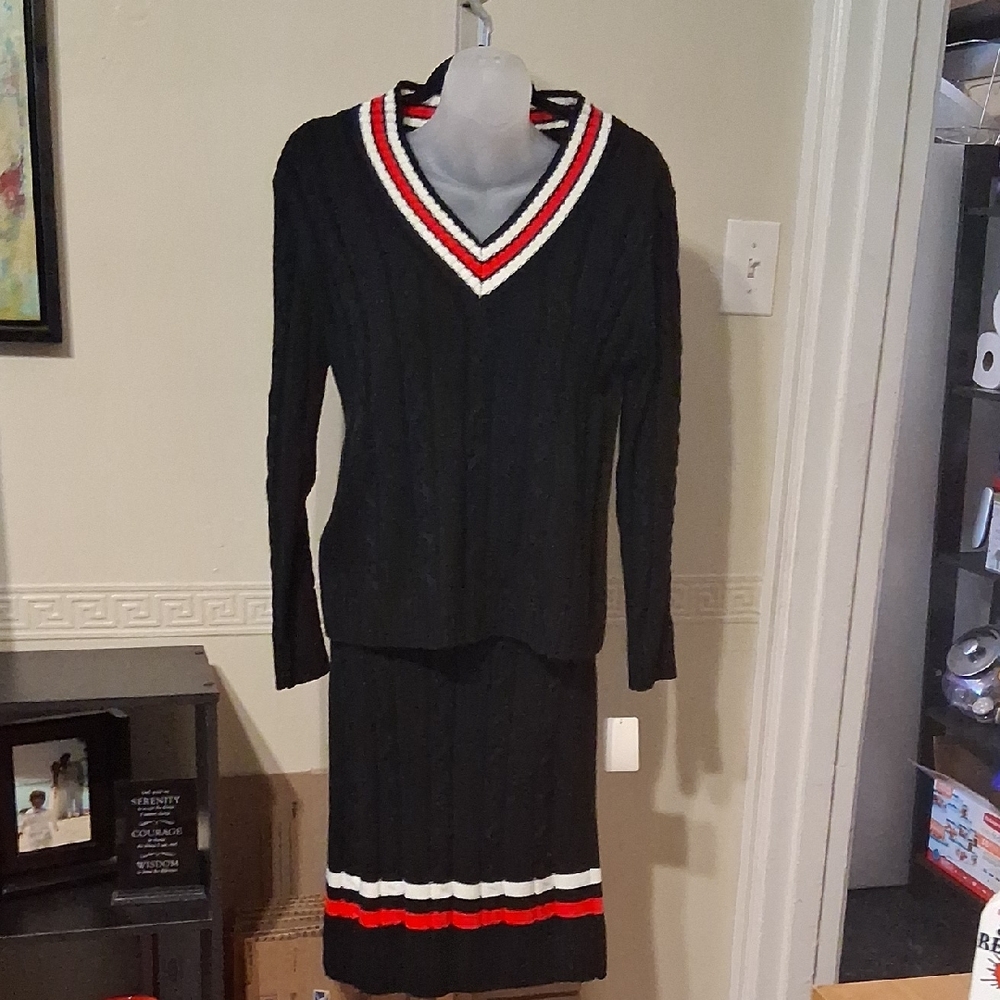Black V-Neck Sweater Skirt Set with Red and White Accents ( Cablenit Sweater )